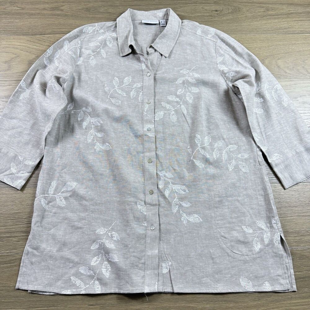 Susan Graver Top Women Medium Linen Blend Beige Floral Button Tunic